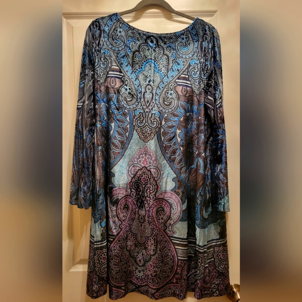 Velour Paisley Printed Dress with Bell Sleeves